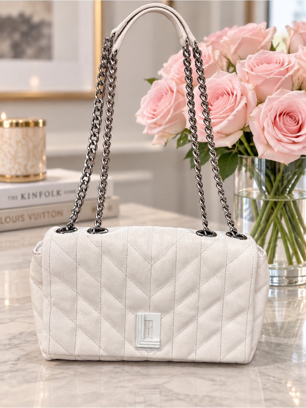 Karl Lagerfeld Paris Lafayette Cream Quilted Shoulder Bag with Silver Chain